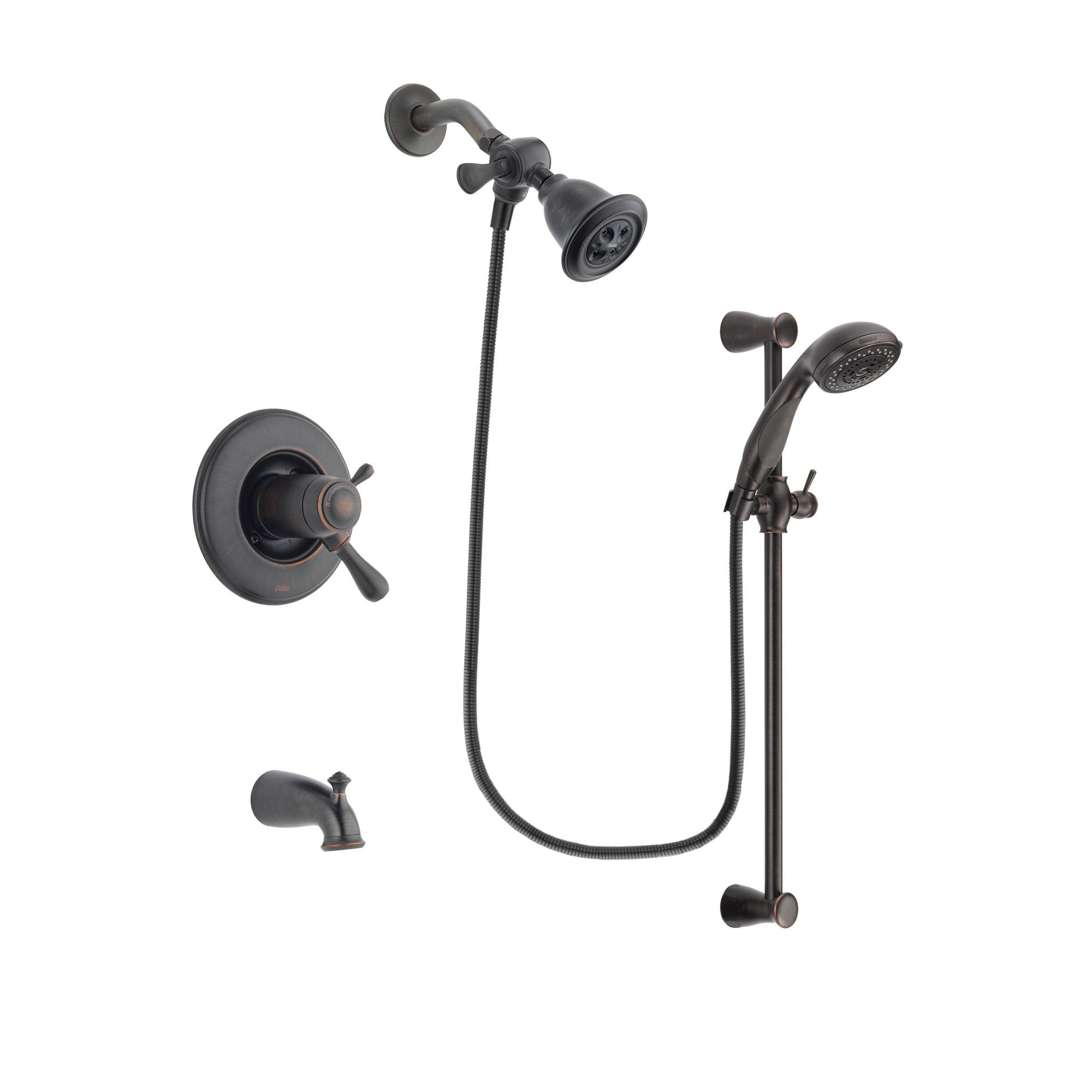 Delta Leland Venetian Bronze Finish Thermostatic Tub and Shower Faucet System Package with Water Efficient Showerhead and Personal Handheld Shower Spray with Slide Bar Includes Rough-in Valve and Tub Spout DSP2655V