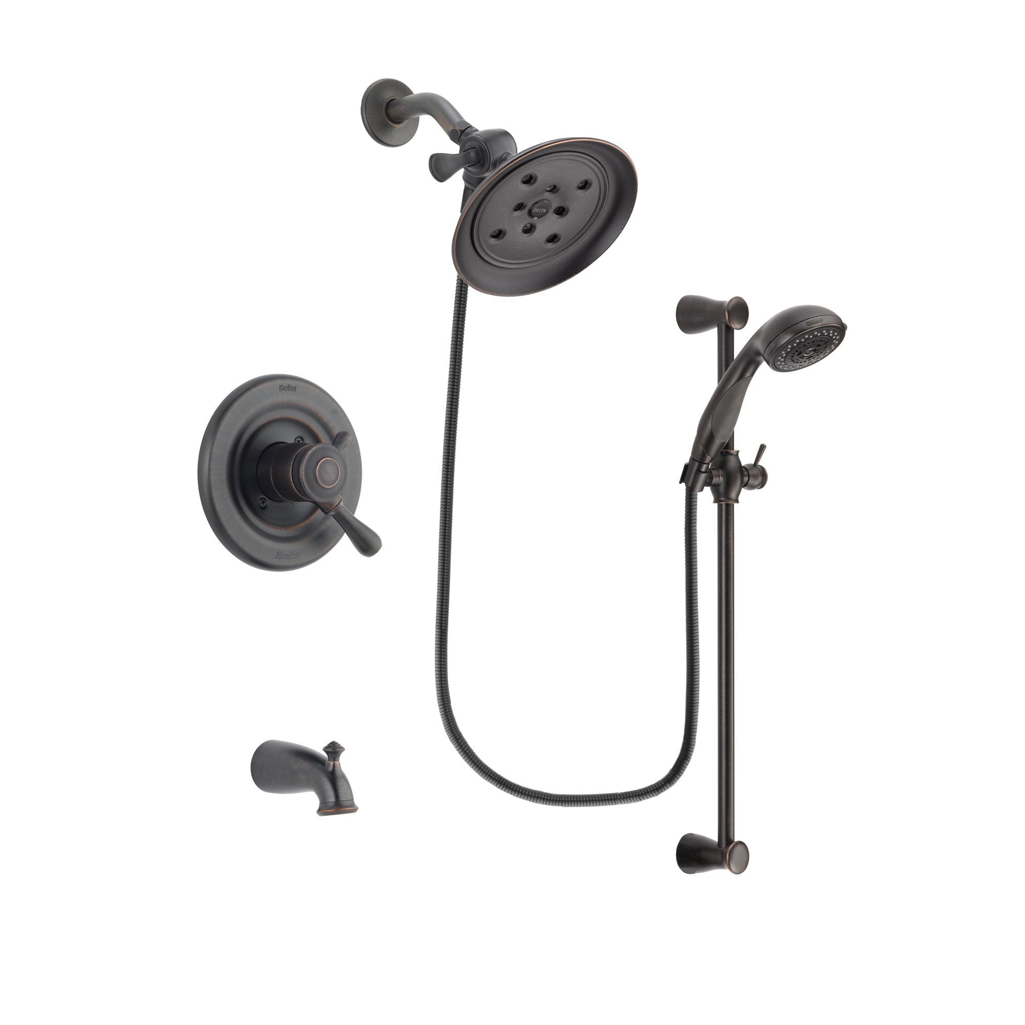 Delta Leland Venetian Bronze Finish Dual Control Tub and Shower Faucet System Package with Large Rain Shower Head and Personal Handheld Shower Spray with Slide Bar Includes Rough-in Valve and Tub Spout DSP2703V