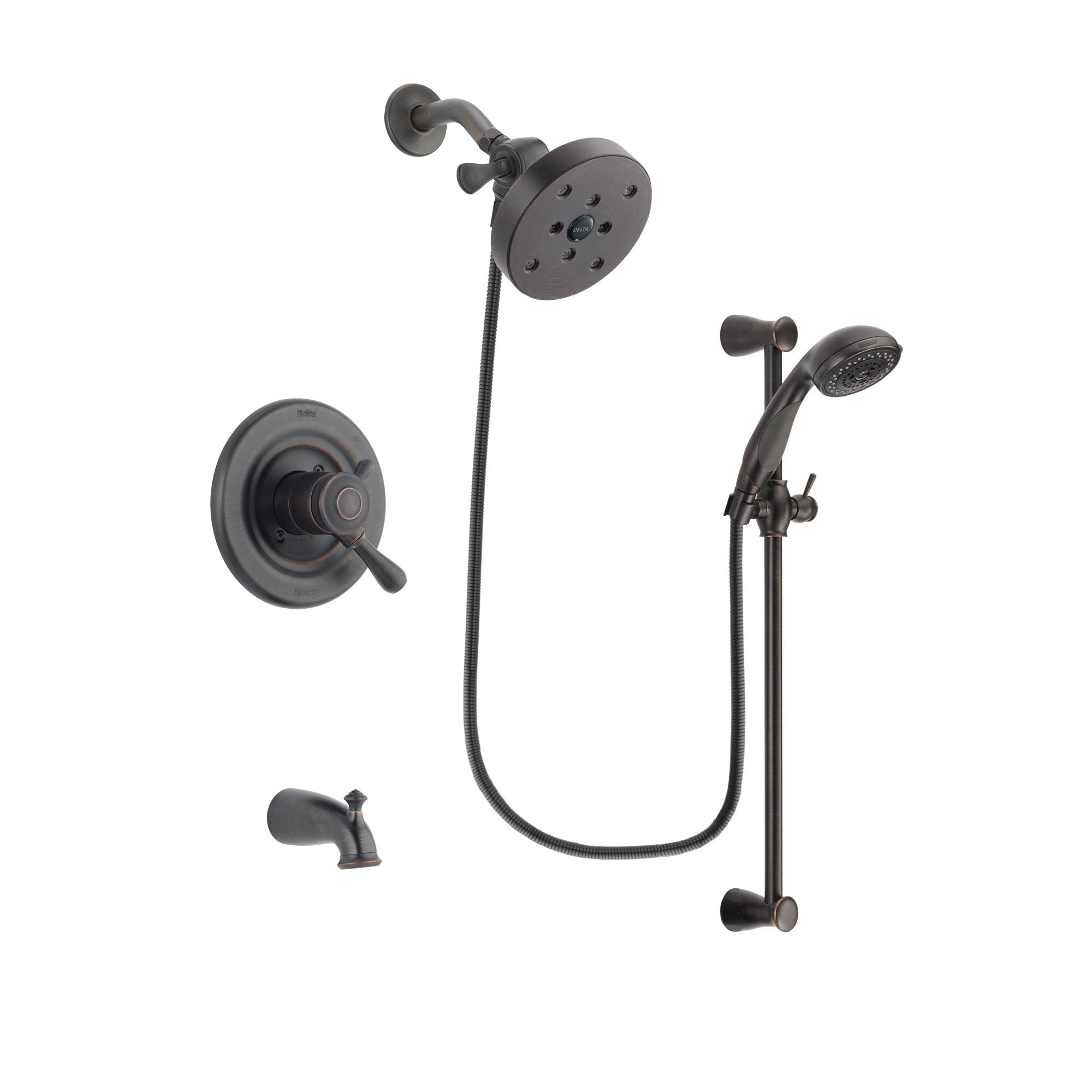 Delta Leland Venetian Bronze Finish Dual Control Tub and Shower Faucet System Package with 5-1/2 inch Showerhead and Personal Handheld Shower Spray with Slide Bar Includes Rough-in Valve and Tub Spout DSP2733V