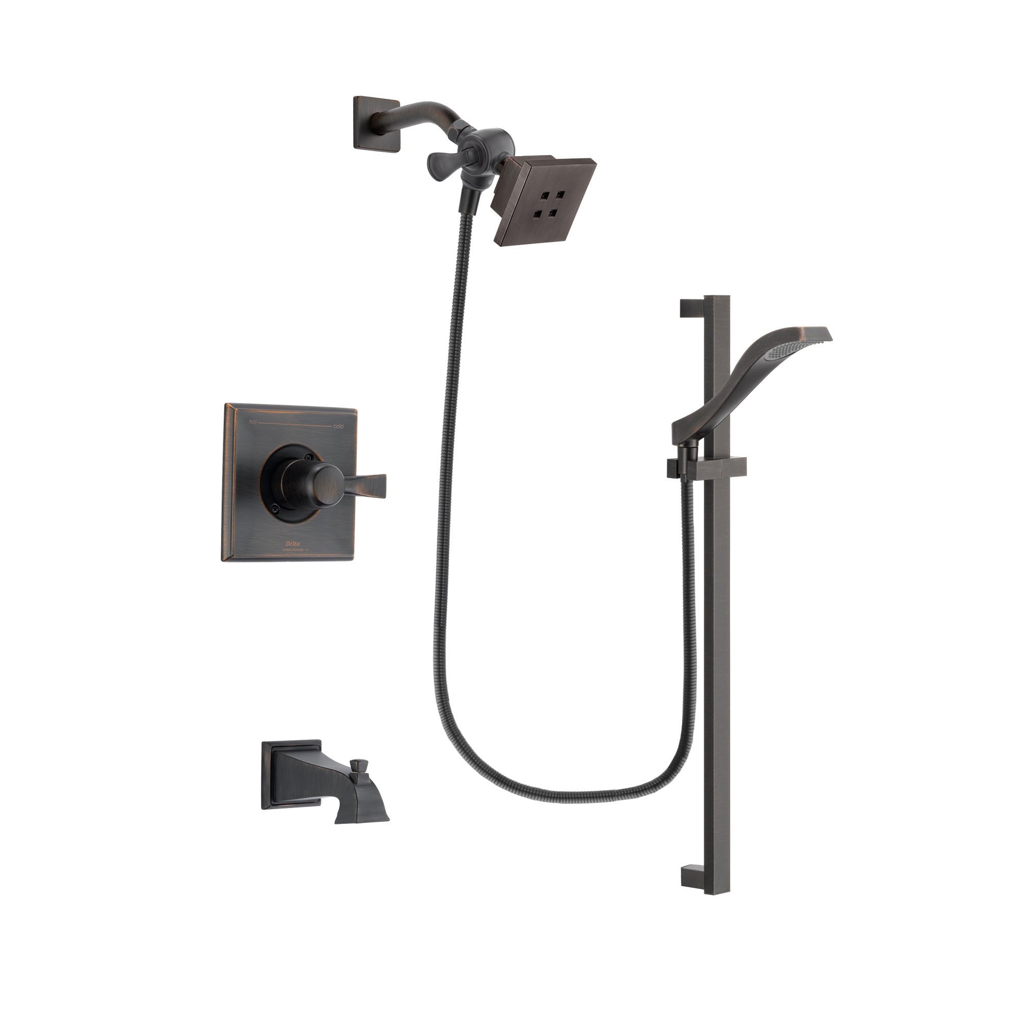 Delta Dryden Venetian Bronze Finish Tub and Shower Faucet System Package with Square Showerhead and Modern Handheld Shower Spray with Slide Bar Includes Rough-in Valve and Tub Spout DSP3105V