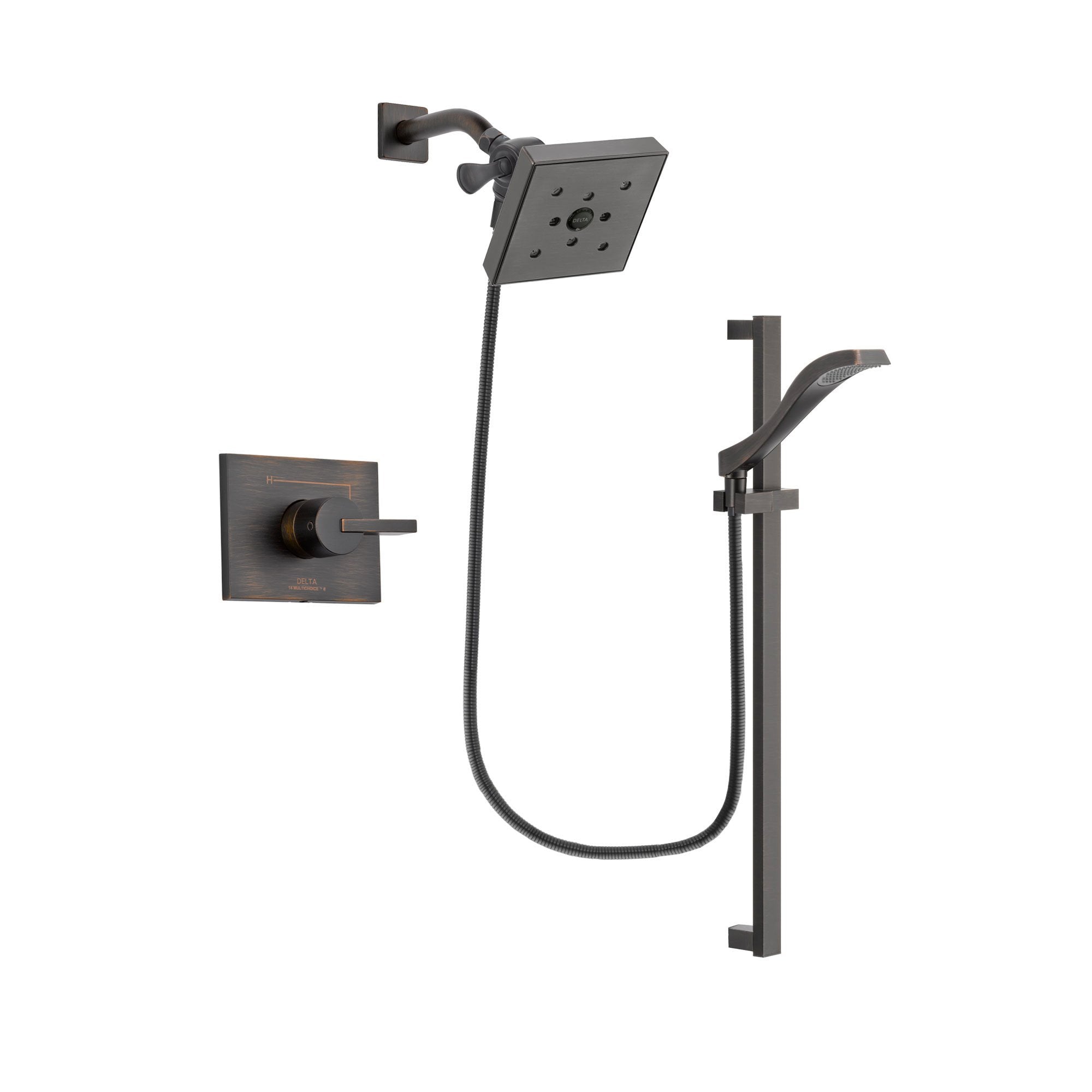 Delta Vero Venetian Bronze Finish Shower Faucet System Package with Square Shower Head and Modern Handheld Shower Spray with Slide Bar Includes Rough-in Valve DSP3132V