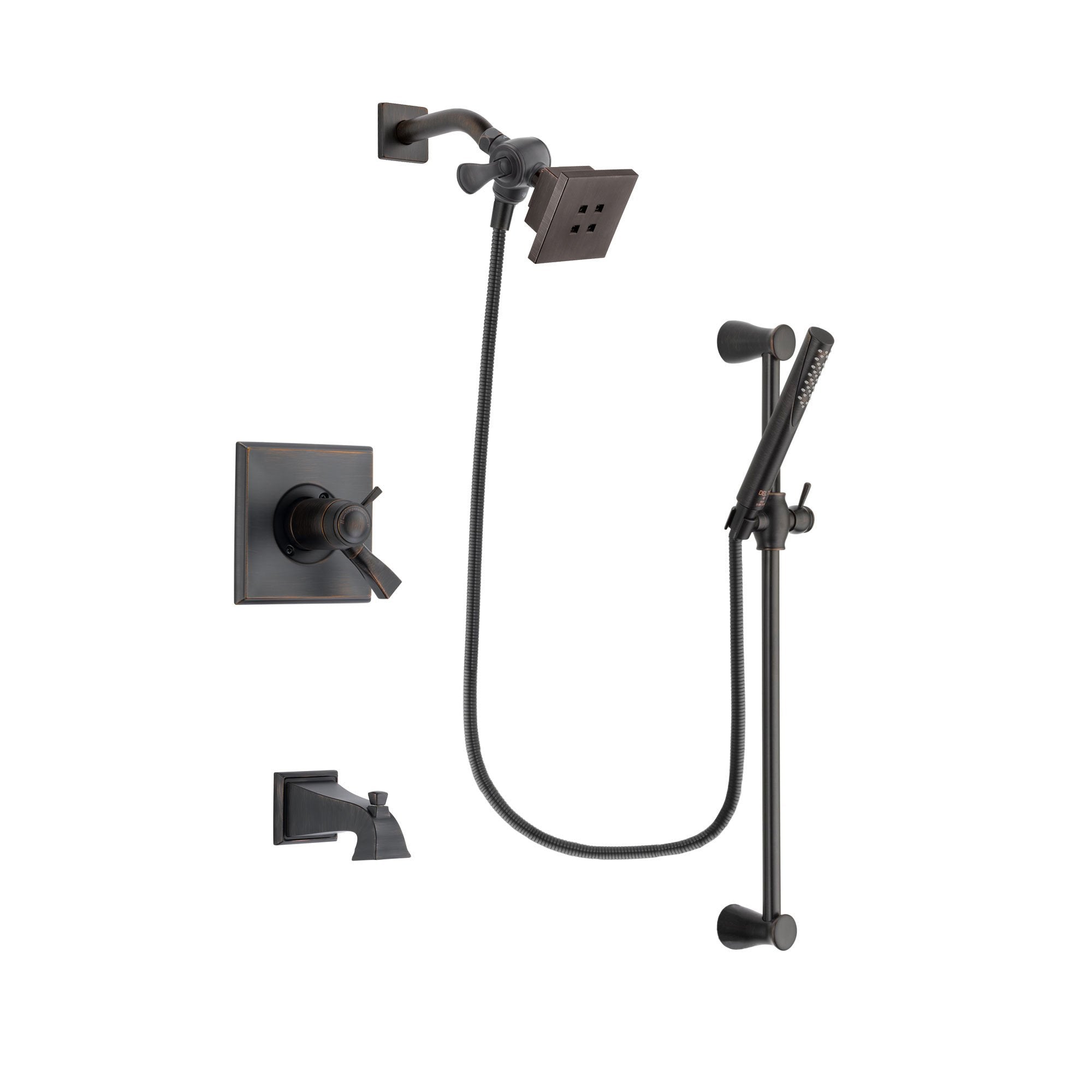 Delta Dryden Venetian Bronze Finish Thermostatic Tub and Shower Faucet System Package with Square Showerhead and Modern Hand Shower with Slide Bar Includes Rough-in Valve and Tub Spout DSP3137V