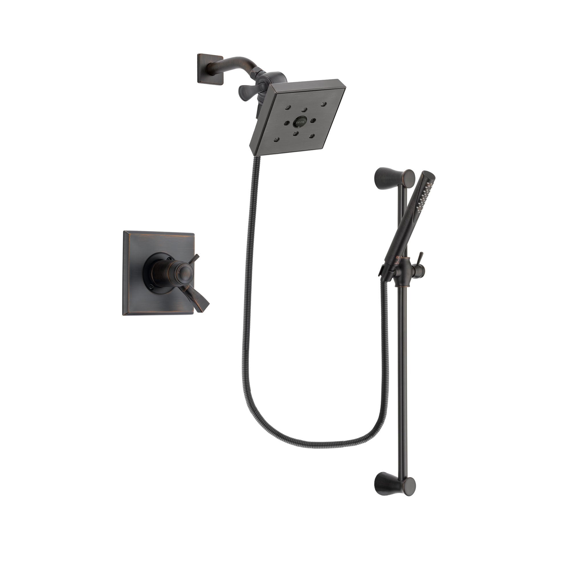 Delta Dryden Venetian Bronze Finish Thermostatic Shower Faucet System Package with Square Shower Head and Modern Hand Shower with Slide Bar Includes Rough-in Valve DSP3162V