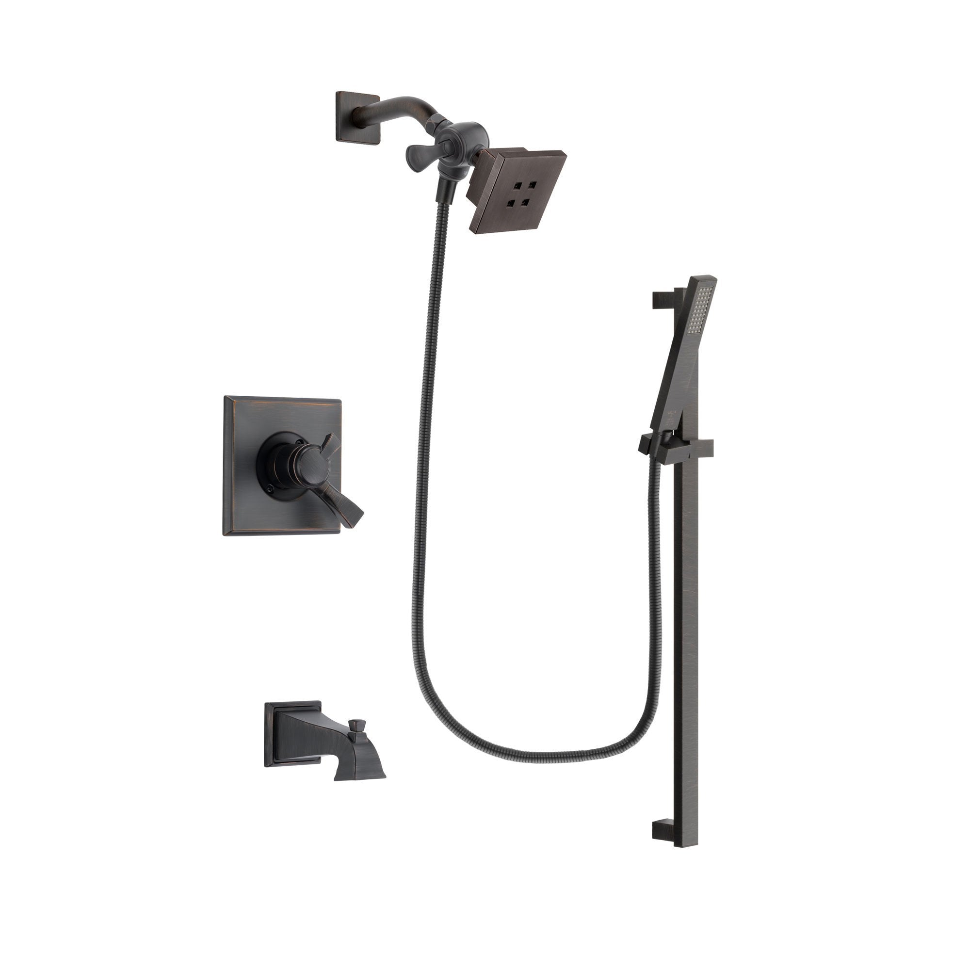 Delta Dryden Venetian Bronze Finish Dual Control Tub and Shower Faucet System Package with Square Showerhead and Modern Handheld Shower Spray with Square Slide Bar Includes Rough-in Valve and Tub Spout DSP3181V