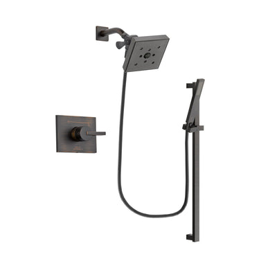 Delta Vero Venetian Bronze Finish Shower Faucet System Package with Square Shower Head and Modern Handheld Shower Spray with Square Slide Bar Includes Rough-in Valve DSP3204V