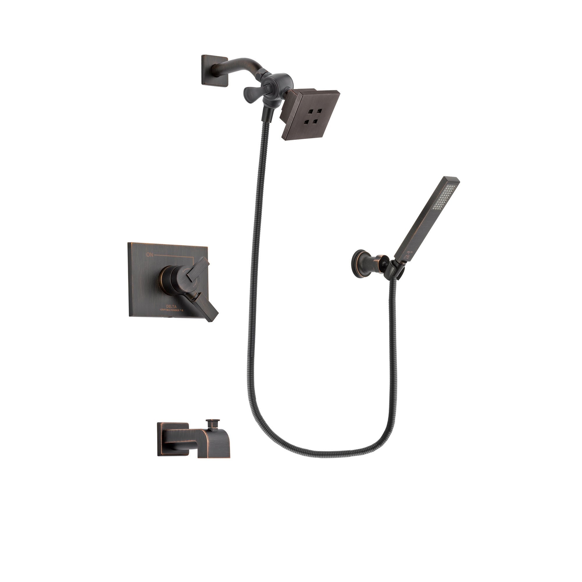 Delta Vero Venetian Bronze Finish Dual Control Tub and Shower Faucet System Package with Square Showerhead and Modern Wall-Mount Handheld Shower Stick Includes Rough-in Valve and Tub Spout DSP3255V