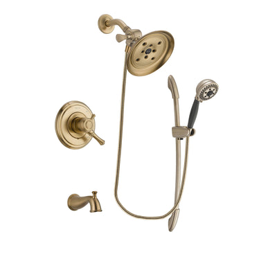 Delta Cassidy Champagne Bronze Finish Dual Control Tub and Shower Faucet System Package with Large Rain Shower Head and 5-Spray Handshower with Slide Bar Includes Rough-in Valve and Tub Spout DSP3393V