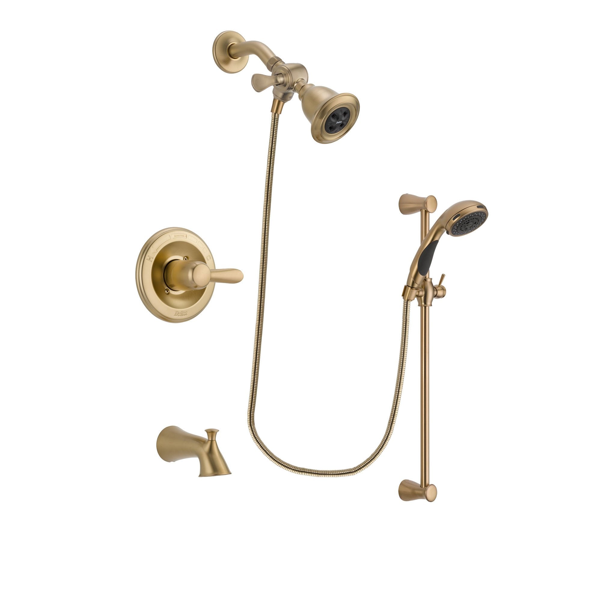 Delta Lahara Champagne Bronze Finish Tub and Shower Faucet System Package with Water Efficient Showerhead and Personal Handheld Shower Sprayer with Slide Bar Includes Rough-in Valve and Tub Spout DSP3455V