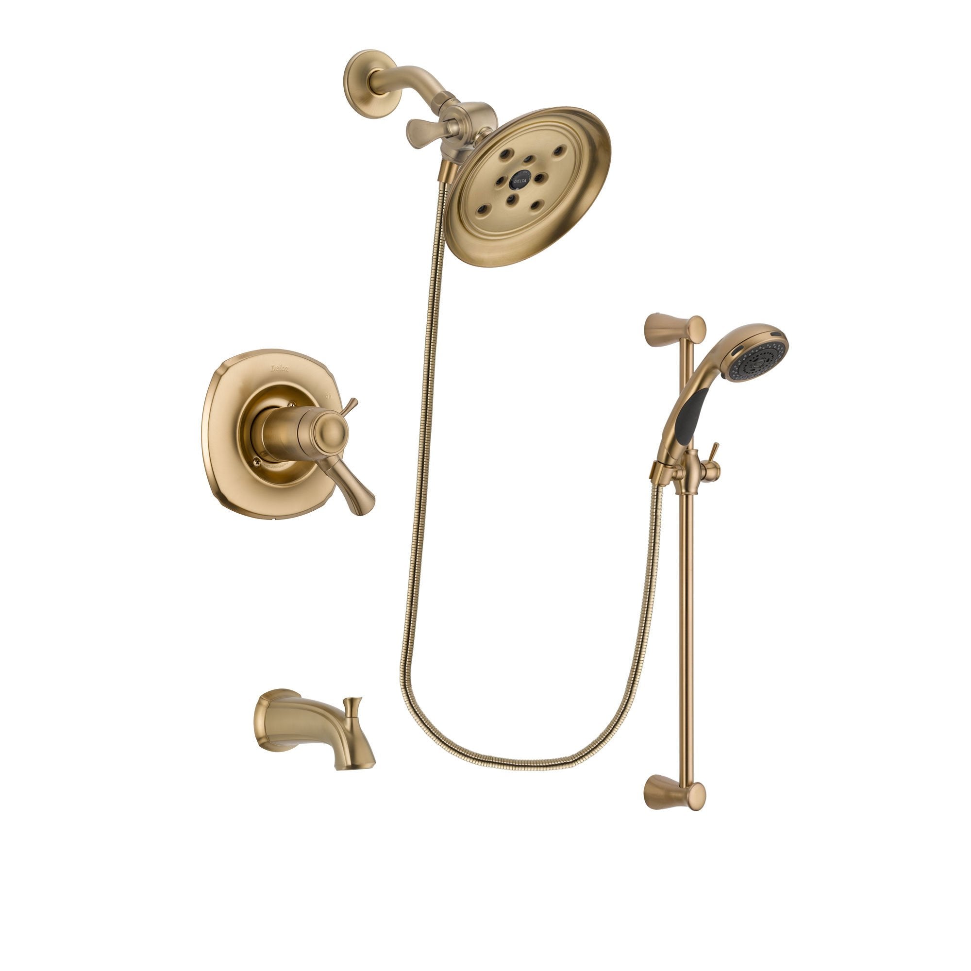 Delta Addison Champagne Bronze Finish Thermostatic Tub and Shower Faucet System Package with Large Rain Shower Head and Personal Handheld Shower Sprayer with Slide Bar Includes Rough-in Valve and Tub Spout DSP3477V