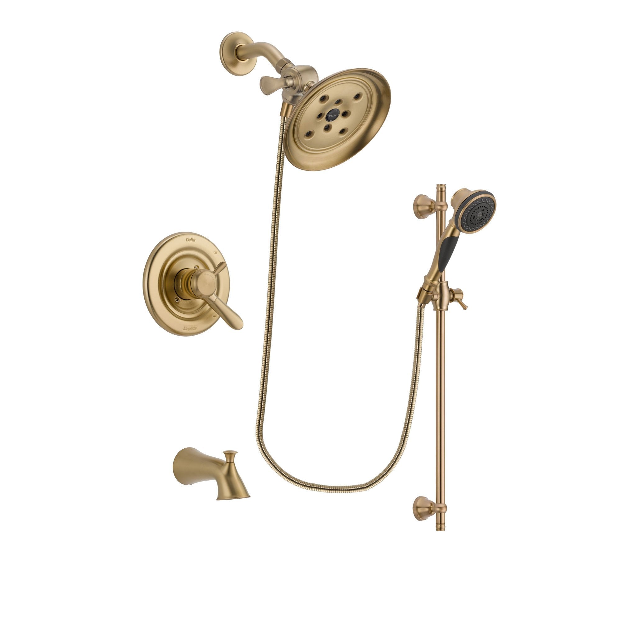 Delta Lahara Champagne Bronze Finish Dual Control Tub and Shower Faucet System Package with Large Rain Shower Head and Personal Handheld Shower Spray with Slide Bar Includes Rough-in Valve and Tub Spout DSP3593V