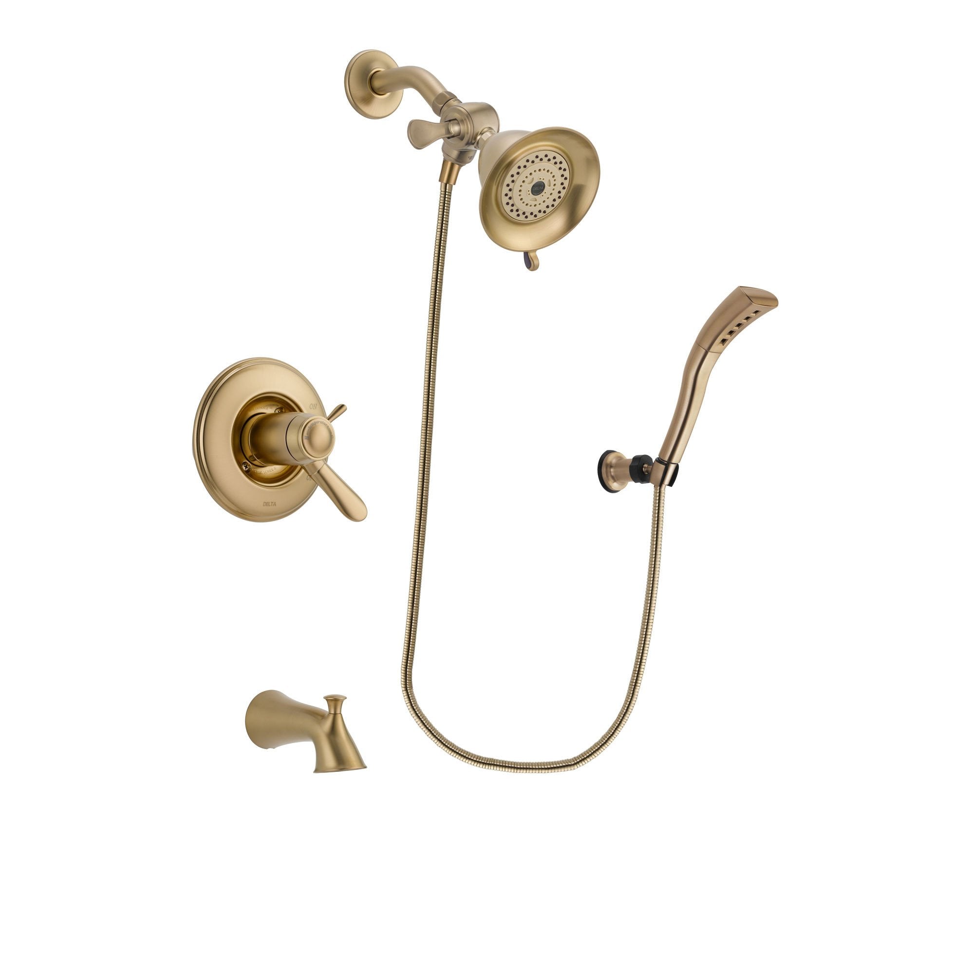 Delta Lahara Champagne Bronze Finish Thermostatic Tub and Shower Faucet System Package with Water-Efficient Shower Head and Modern Wall Mount Personal Handheld Shower Spray Includes Rough-in Valve and Tub Spout DSP3629V