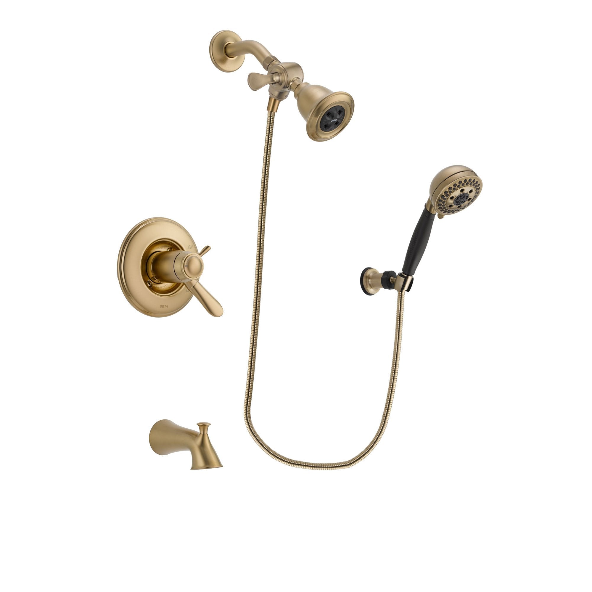 Delta Lahara Champagne Bronze Finish Thermostatic Tub and Shower Faucet System Package with Water Efficient Showerhead and 5-Spray Wall Mount Hand Shower Includes Rough-in Valve and Tub Spout DSP3759V