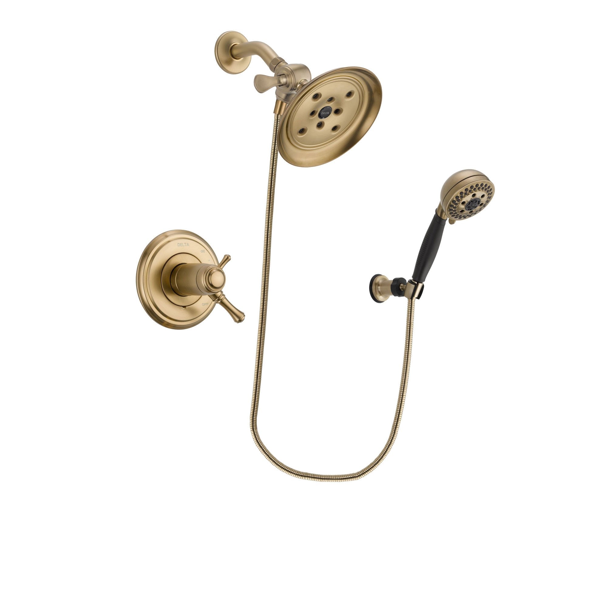 Delta Cassidy Champagne Bronze Finish Thermostatic Shower Faucet System Package with Large Rain Shower Head and 5-Spray Wall Mount Hand Shower Includes Rough-in Valve DSP3792V