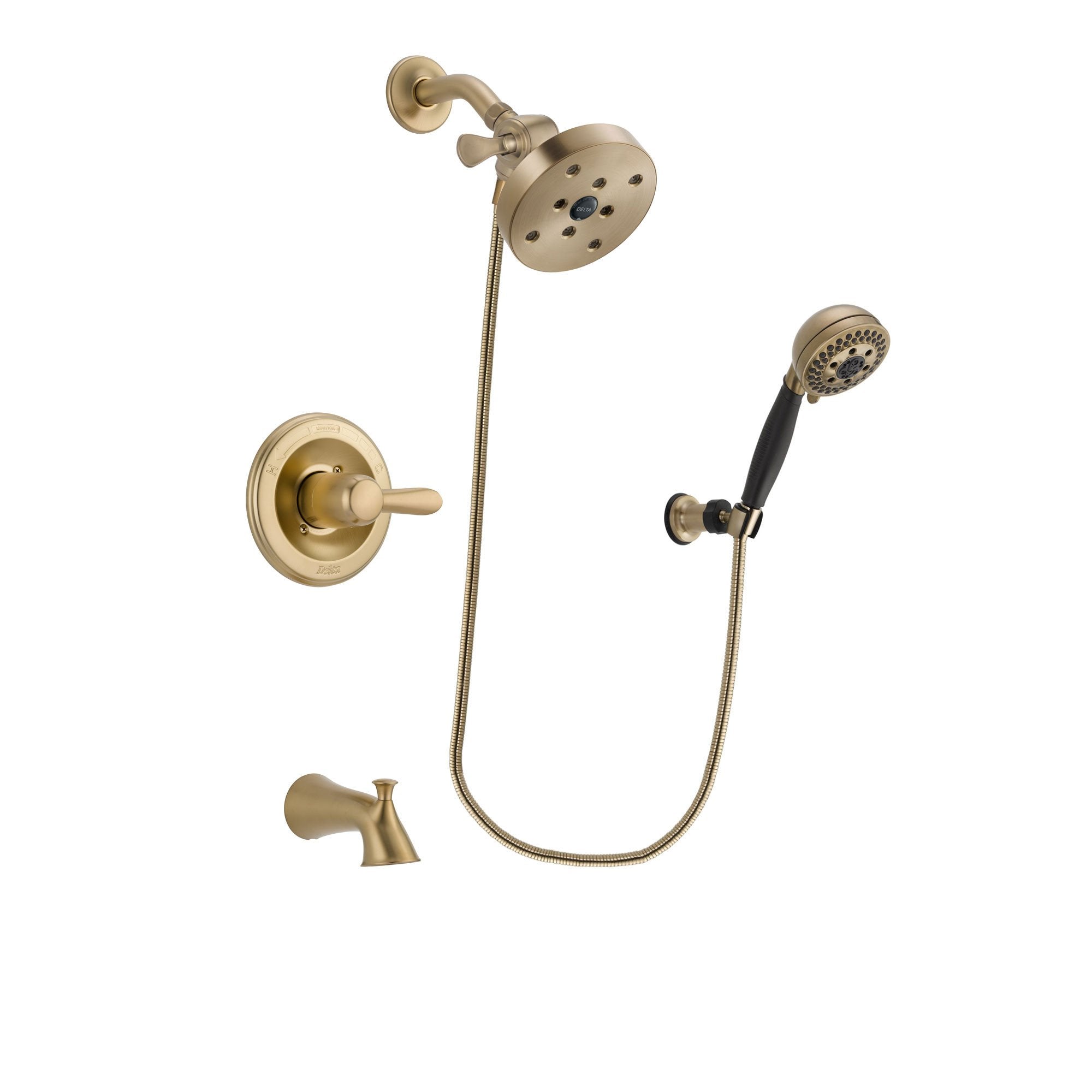 Delta Lahara Champagne Bronze Finish Tub and Shower Faucet System Package with 5-1/2 inch Showerhead and 5-Spray Wall Mount Hand Shower Includes Rough-in Valve and Tub Spout DSP3819V