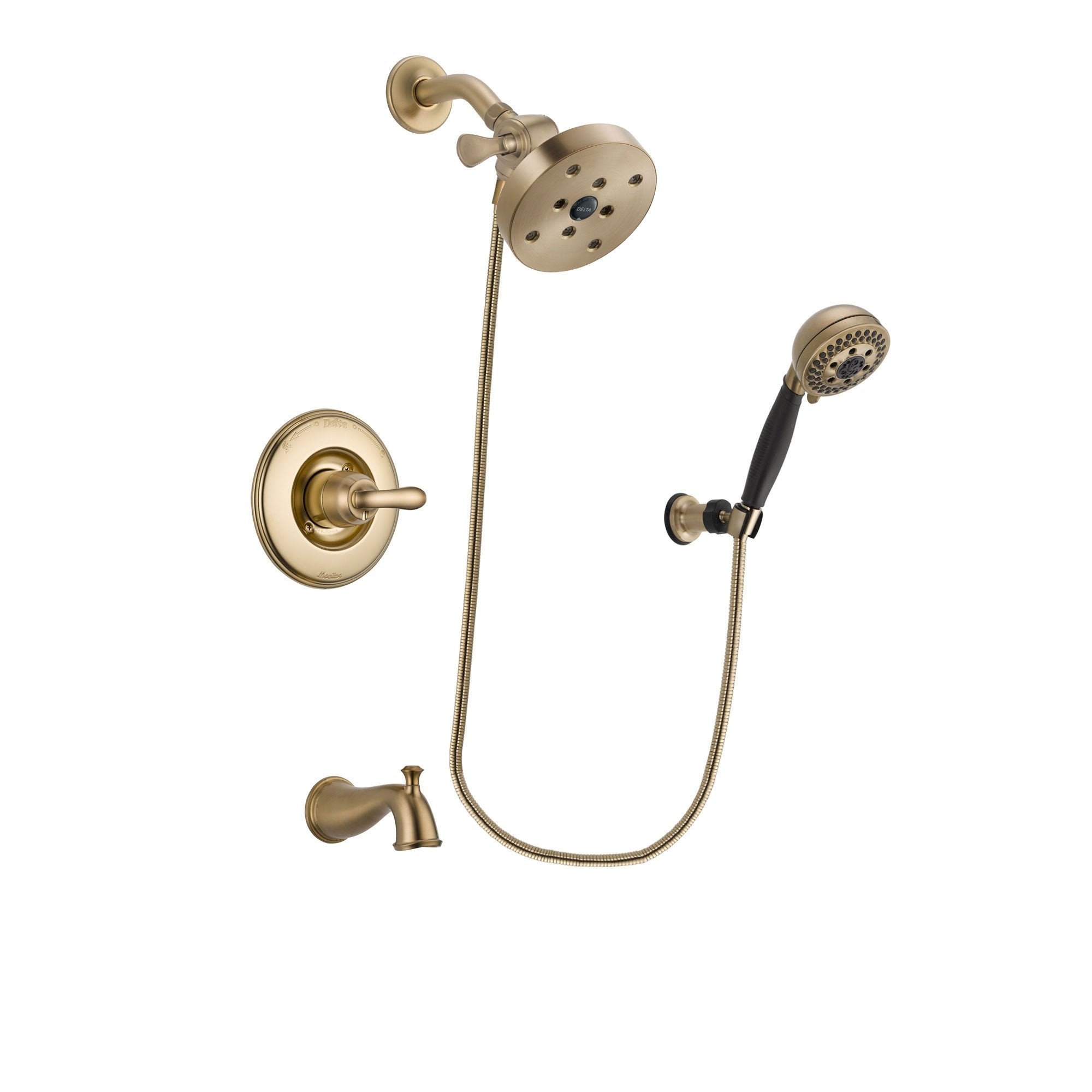 Delta Linden Champagne Bronze Finish Tub and Shower Faucet System Package with 5-1/2 inch Showerhead and 5-Spray Wall Mount Hand Shower Includes Rough-in Valve and Tub Spout DSP3825V