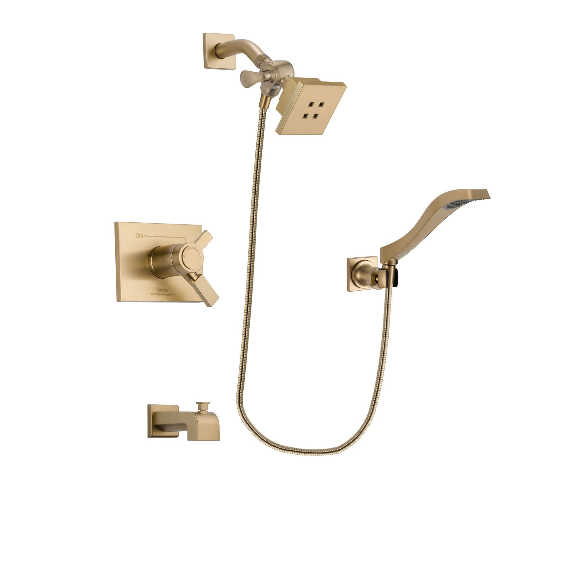 Delta Vero Champagne Bronze Finish Thermostatic Tub and Shower Faucet System Package with Square Showerhead and Modern Wall Mount Handheld Shower Spray Includes Rough-in Valve and Tub Spout DSP3839V