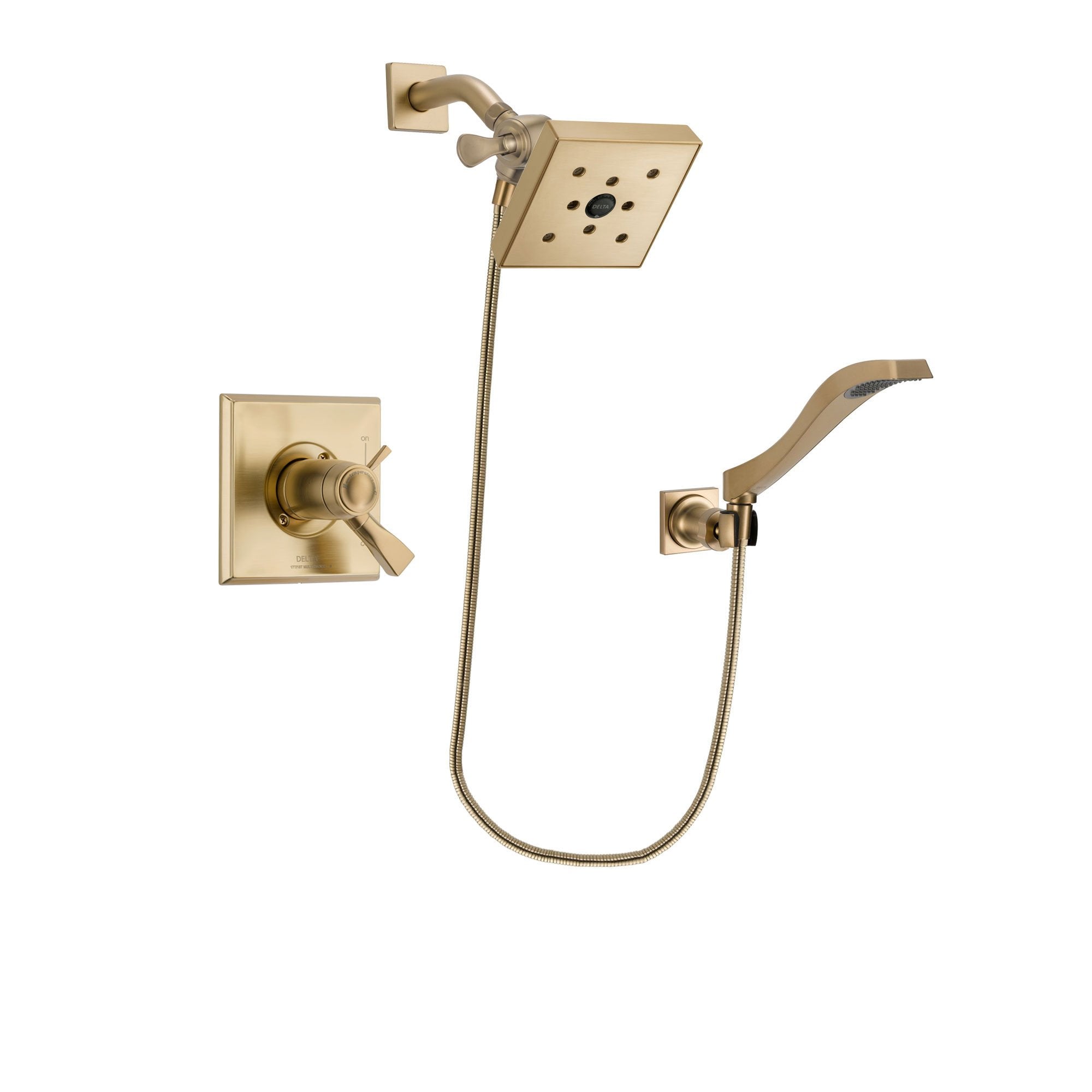 Delta Dryden Champagne Bronze Finish Thermostatic Shower Faucet System Package with Square Shower Head and Modern Wall Mount Handheld Shower Spray Includes Rough-in Valve DSP3862V