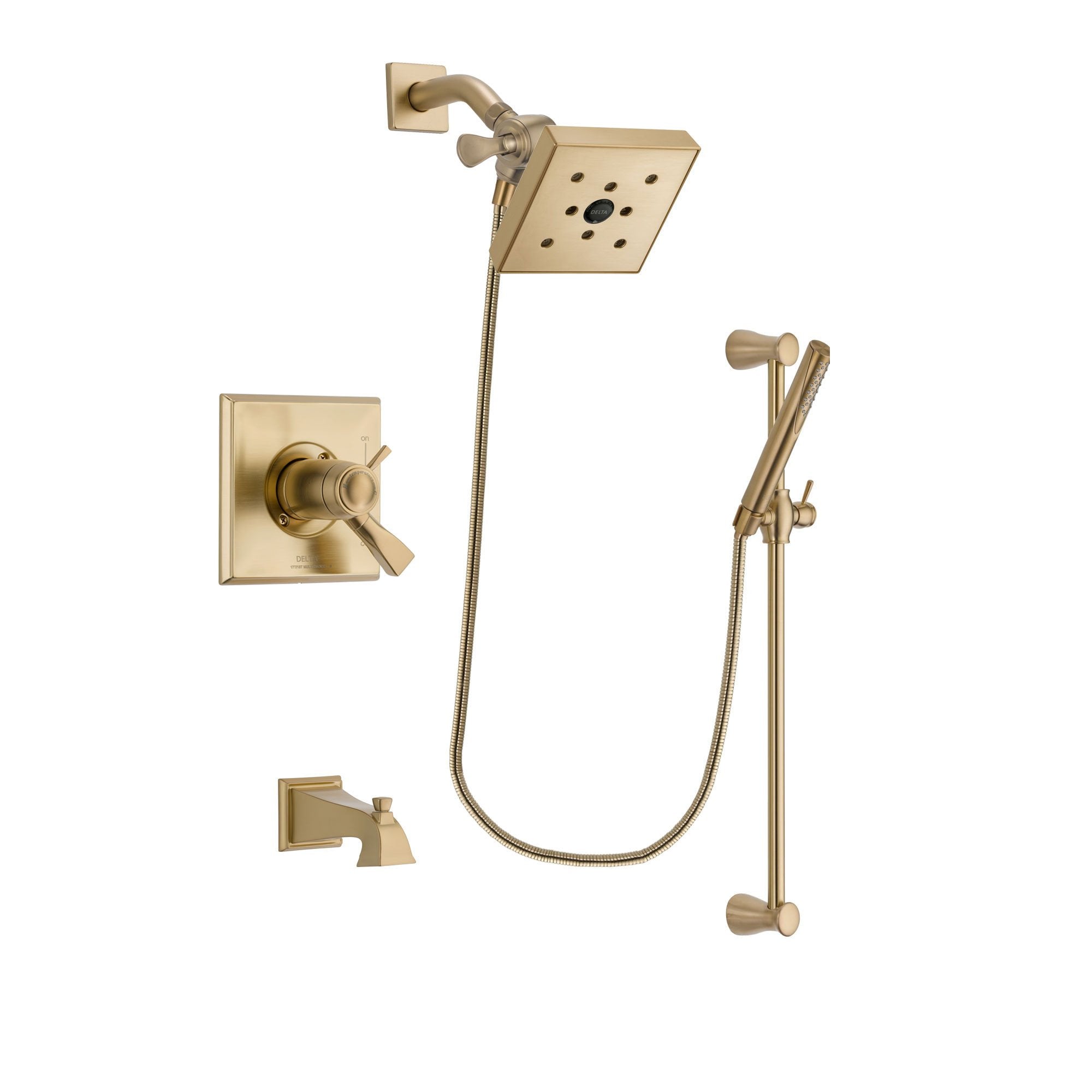 Delta Dryden Champagne Bronze Finish Thermostatic Tub and Shower Faucet System Package with Square Shower Head and Modern Handheld Shower with Slide Bar Includes Rough-in Valve and Tub Spout DSP3969V