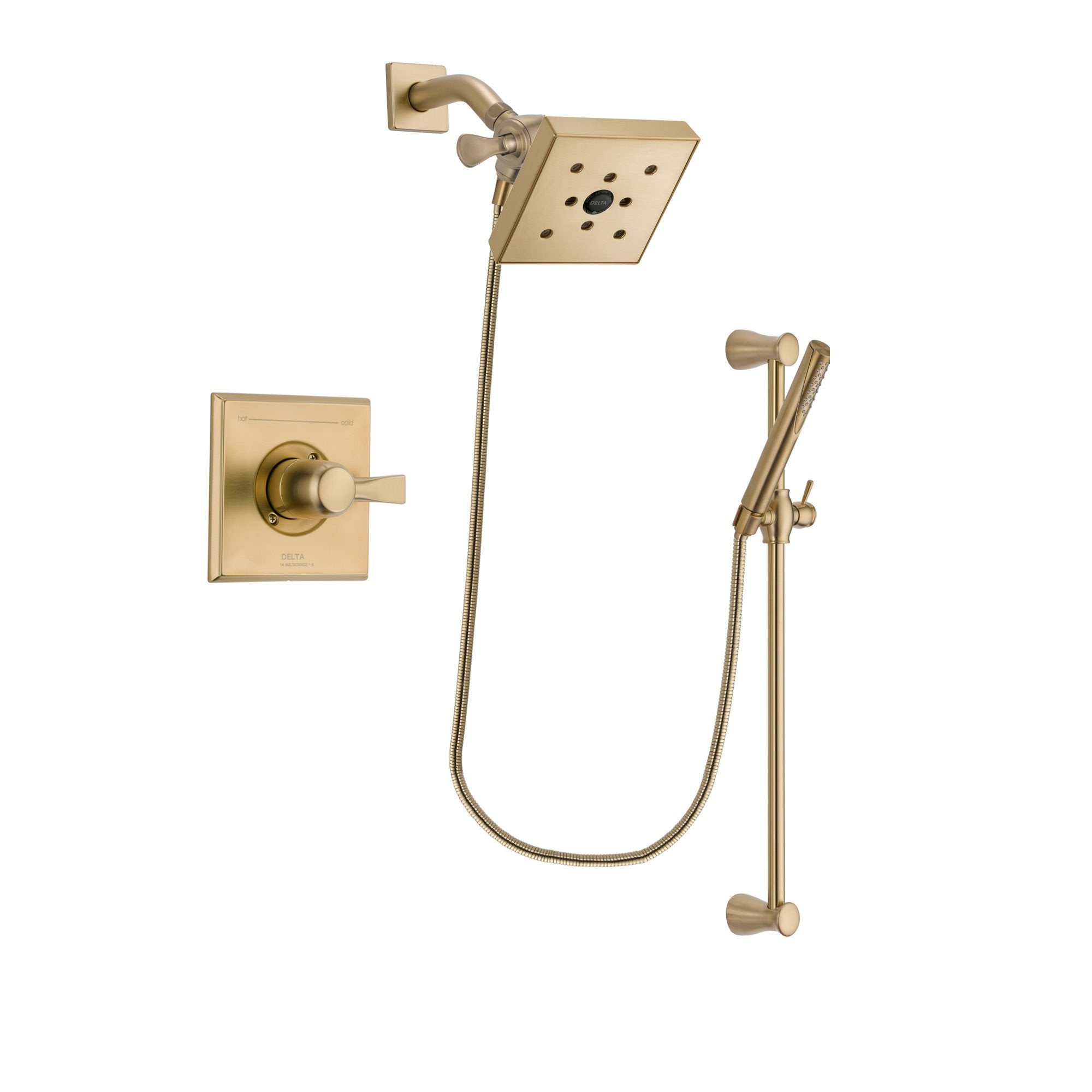 Delta Dryden Champagne Bronze Finish Shower Faucet System Package with Square Shower Head and Modern Handheld Shower with Slide Bar Includes Rough-in Valve DSP3974V