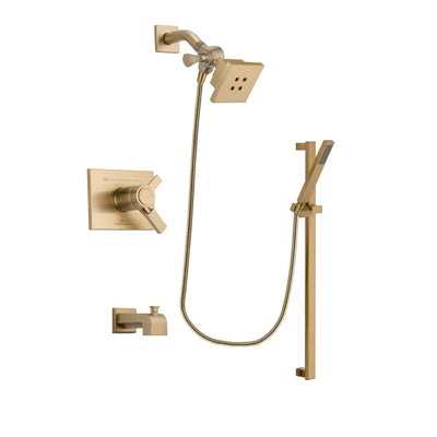 Delta Vero Champagne Bronze Finish Thermostatic Tub and Shower Faucet System Package with Square Showerhead and Modern Handheld Shower with Square Slide Bar Includes Rough-in Valve and Tub Spout DSP3983V