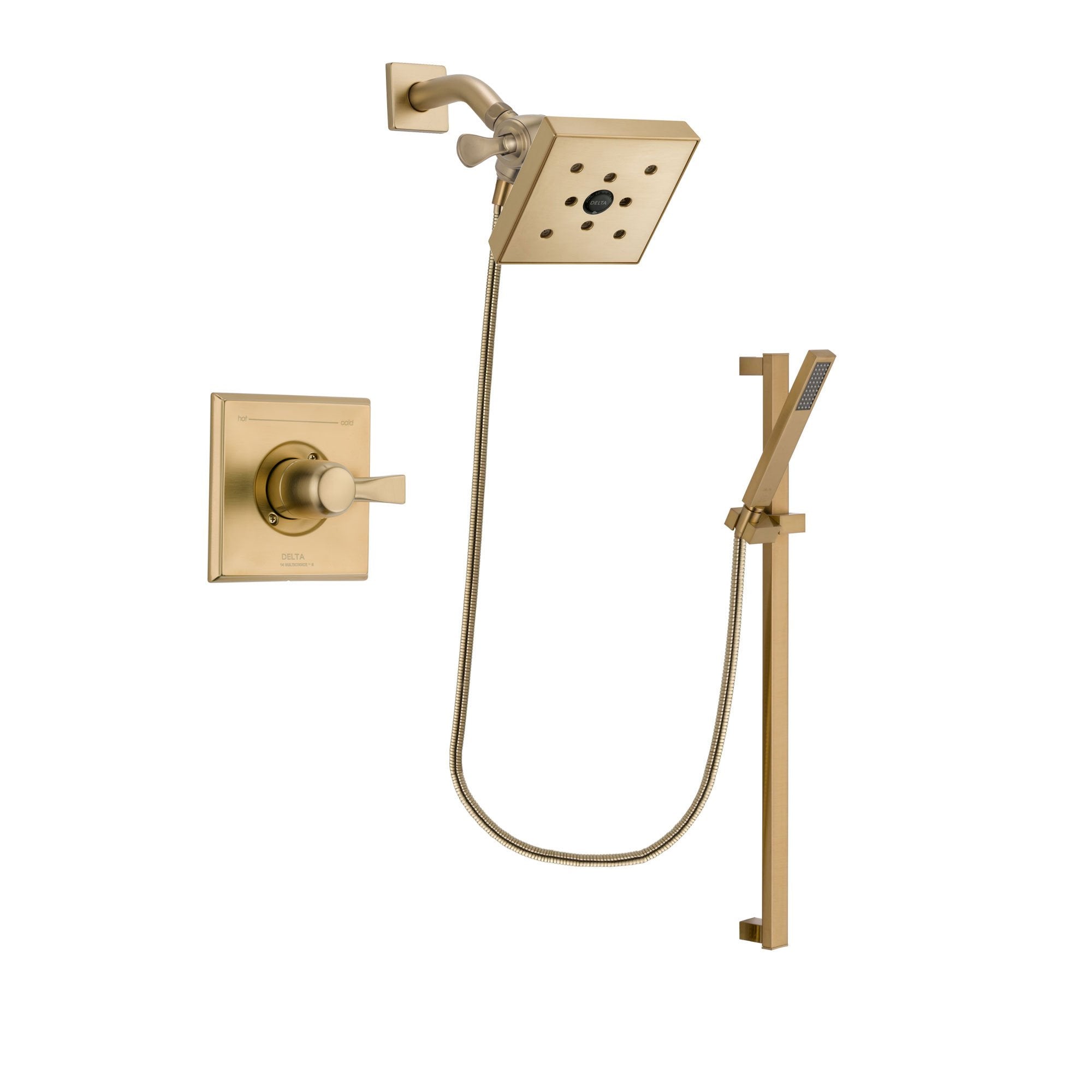 Delta Dryden Champagne Bronze Finish Shower Faucet System Package with Square Shower Head and Modern Handheld Shower with Square Slide Bar Includes Rough-in Valve DSP4010V