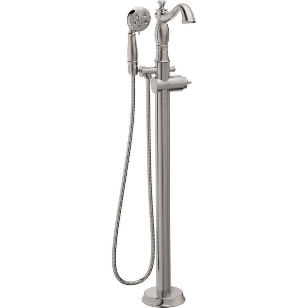 Delta Cassidy 1-Handle Floor-Mount Roman Tub Faucet Trim Kit with H2Okinetic Handshower in Stainless Steel Finish (Valve Not Included) 702306