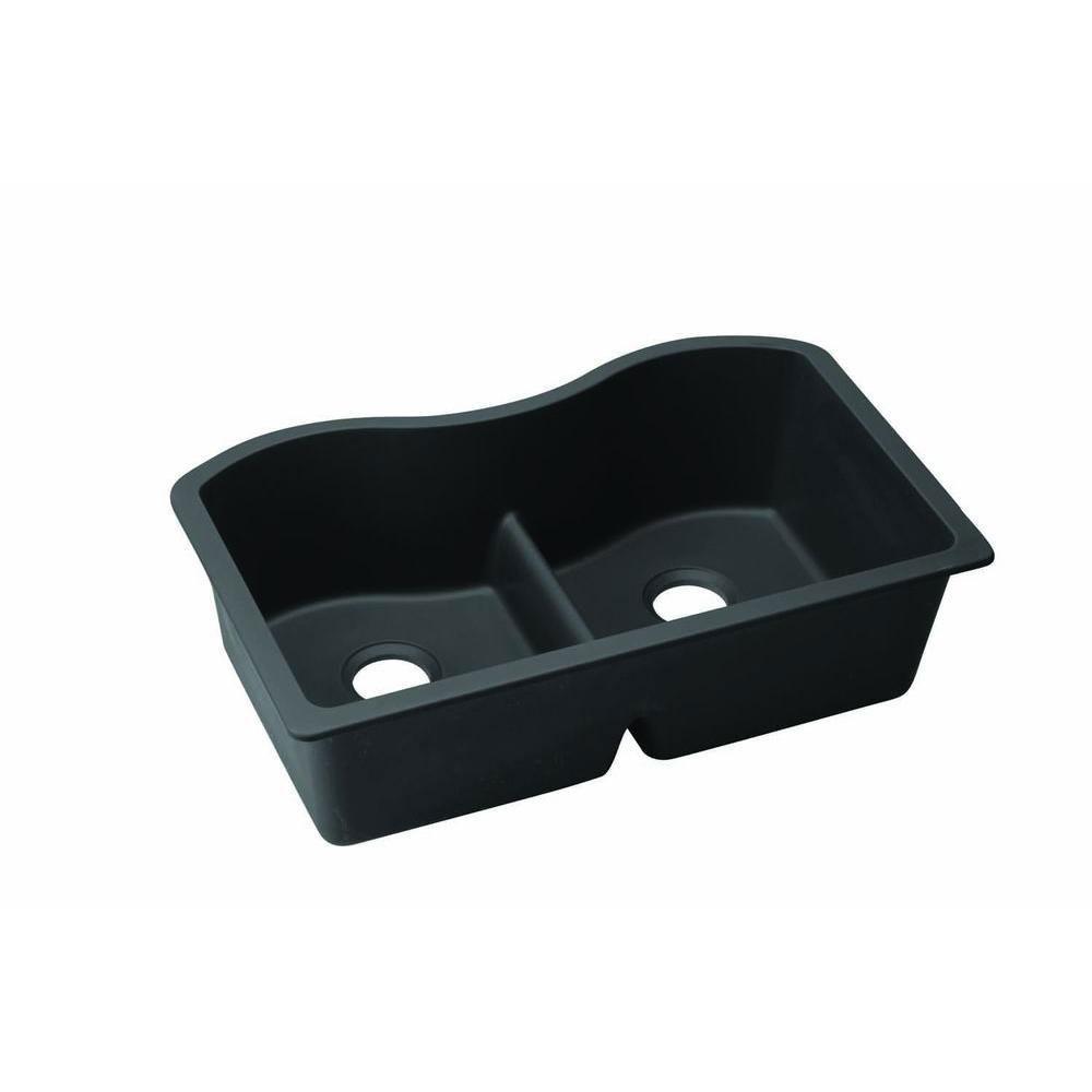 Elkay Harmony Undermount E-Granite 33x9.5x20.13 0-Hole Double Bowl Kitchen Sink in Black 467122