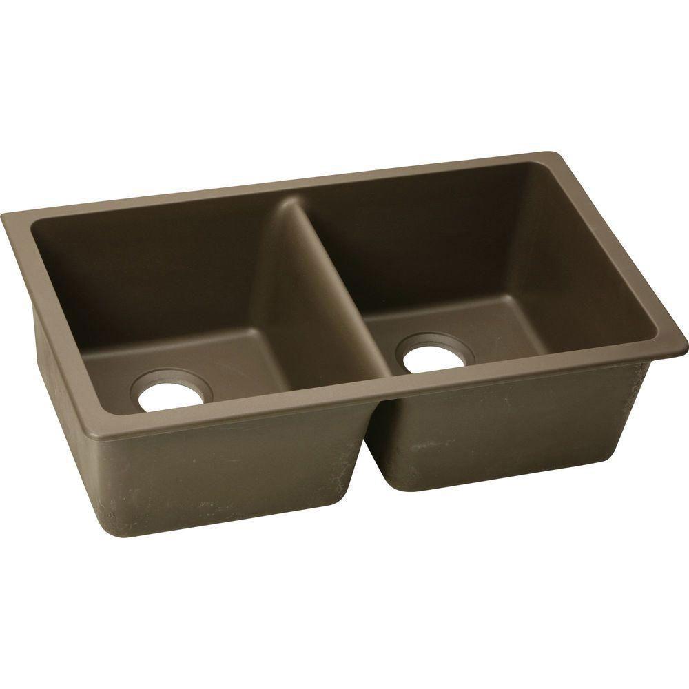 Elkay Gourmet Undermount E-Granite 33x20.5x9.5 0-Hole Double Bowl Kitchen Sink in Mocha 467151