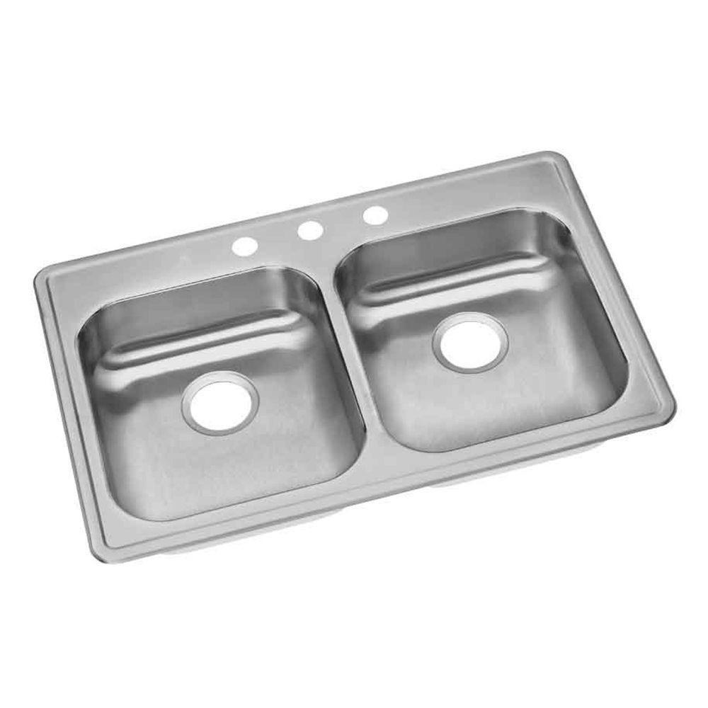 Elkay Dayton Top Mount Stainless Steel 33x21.25x5.375 3-Hole Double Bowl Kitchen Sink 849088