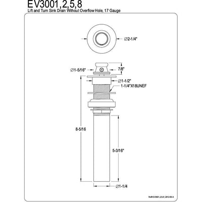 Kingston Brass Oil Rubbed Bronze Lift & Turn Sink Drain w/o Overflow Hole EV3005