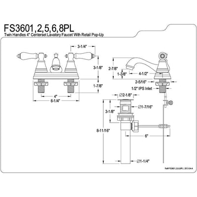 Kingston Satin Nickel 2 Handle 4" Centerset Bathroom Faucet with Pop-up FS3608PL