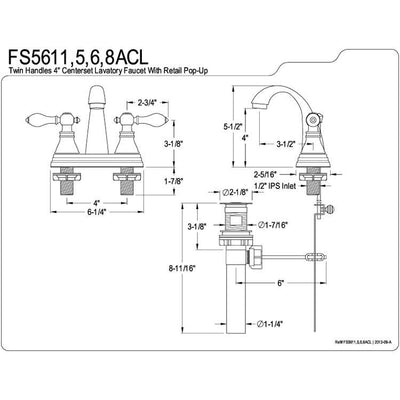 Kingston Chrome 2 Handle 4" Centerset Bathroom Faucet with Pop-up FS5611ACL