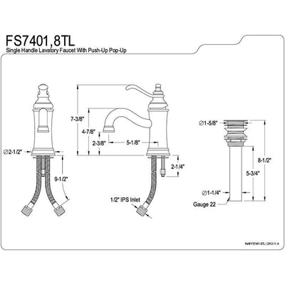 Kingston Chrome Single Handle 1 Hole Bathroom Faucet with Push Pop-up FS7401TL