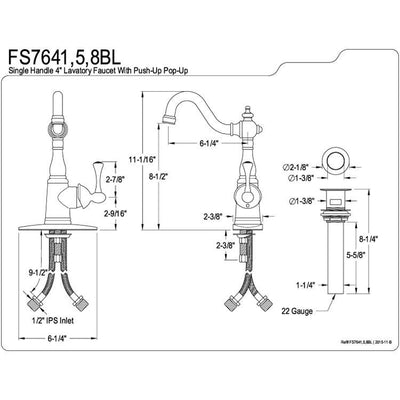 Kingston Brass Chrome Single Hdl 4" Centerset Bathroom Faucet w Drain FS7641BL