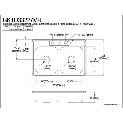 Kingston Brushed Nickel Gourmetier Double Bowl Self-Rimming Kitchen Sink GKTD33227MR