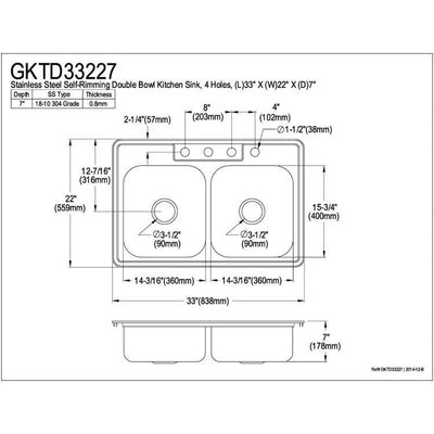 Brushed Nickel Gourmetier Double Bowl Self-Rimming Kitchen Sink GKTD33227