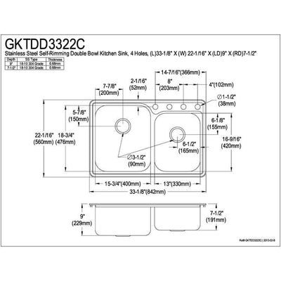 Brushed Nickel Gourmetier Double Bowl Self-Rimming Kitchen Sink GKTDD3322C