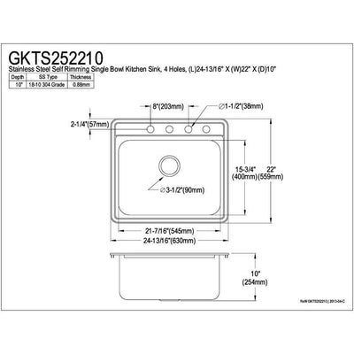 Brushed Nickel Gourmetier Single Bowl Self-Rimming Kitchen Sink GKTS252210