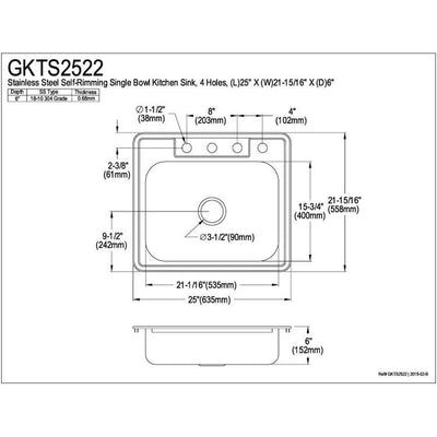 Brushed Nickel Gourmetier Single Bowl Self-Rimming Kitchen Sink GKTS2522