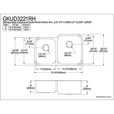 Brushed Nickel Gourmetier Double Bowl Undermount Kitchen Sink GKUD3221RH