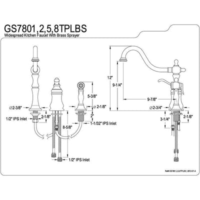 Kingston Satin Nickel Widespread Kitchen Faucet w Brass Sprayer GS7808TPLBS