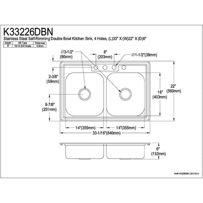 Brushed Nickel Gourmetier Double Bowl Self-Rimming Kitchen Sink K33226DBN