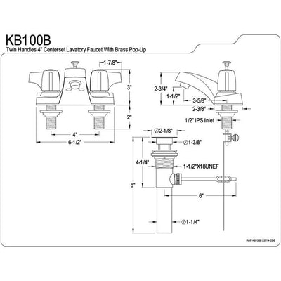 Kingston Brass Chrome 2 Handle 4" Centerset Bathroom Faucet w Pop-up KB100B