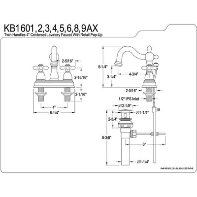 Kingston Satin Nickel 2 Handle 4" Centerset Bathroom Faucet with Pop-up KB1608AX