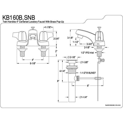 Kingston Brass Chrome 2 Handle 4" Centerset Bathroom Faucet w Pop-up KB160B