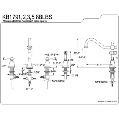 Kingston Polished Brass 8" Widespread Kitchen Faucet w Brass Sprayer KB1792BLBS