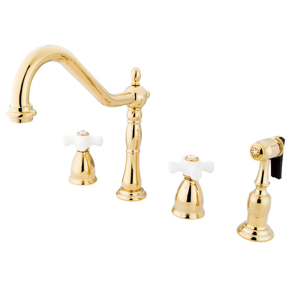 Kingston Polished Brass 8" Center Kitchen Faucet with Brass Sprayer KB1792PXBS