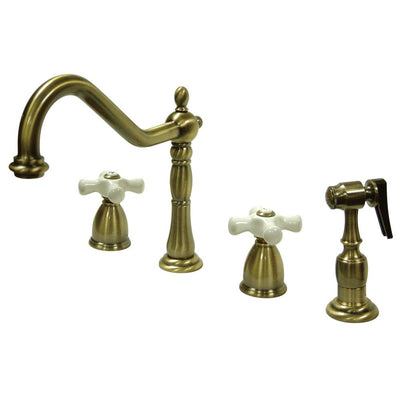 Kingston Vintage Brass 8" Center Kitchen Faucet with Brass Sprayer KB1793PXBS