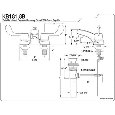 Kingston Brass Chrome 2 Handle 4" Centerset Bathroom Faucet w Pop-up KB181B