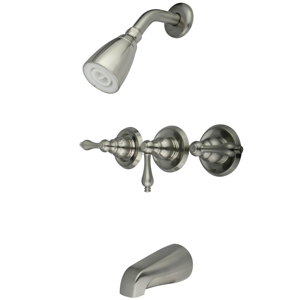 Kingston Magellan Satin Nickel Three Handle Tub and Shower Combo Faucet KB238AL